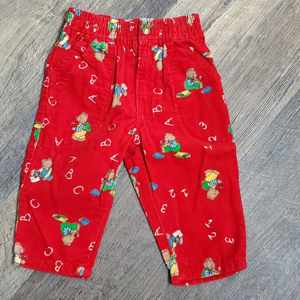Vintage Oshkosh red bear elastic waist velvet pant kids size 12 M corduroy bear